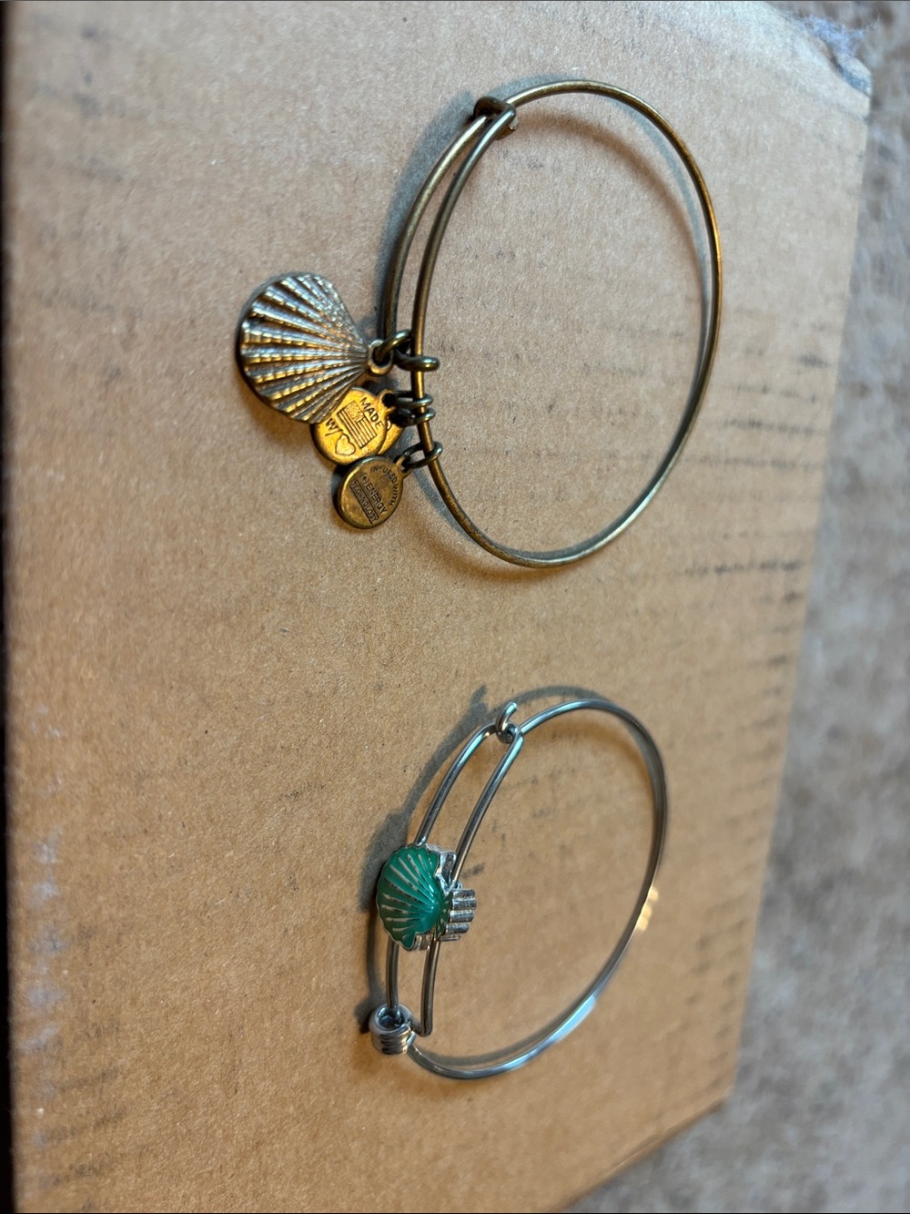 Alex and Ani Gold Shell Charm Bangle and Silver Green-Enamel Shell Bangle
